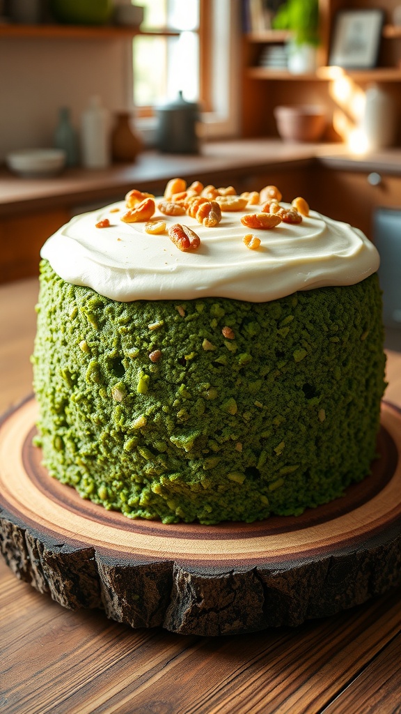 Moist spinach cake with cream cheese frosting on a wooden platter, surrounded by a cozy kitchen backdrop.